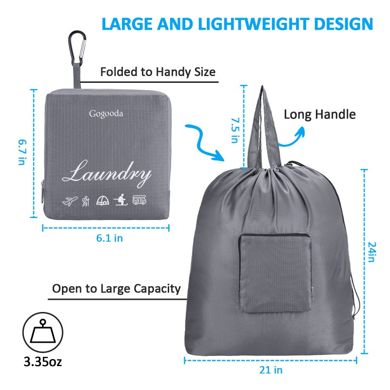 GOGOODA Travel Laundry Bags with Drawstring Closure XL Large Foldable Dirty Clothes bags with Handle Heavy Duty and Washable for College Dorm Travelling Camping, 2 Pack, Black & Grey - Image 4